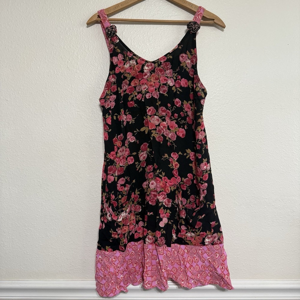 Vintage Zoe Slip Dress Mini Women's Small Black Pink Floral 90s Y2K Side Slit‎